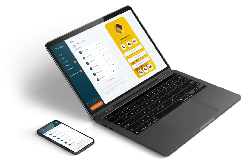 Fulpio-Anwendungsoberfläche auf einem Laptop und Smartphone – digitale Profile verwalten und eine Visitenkarte in der Vorschau anzeigen.