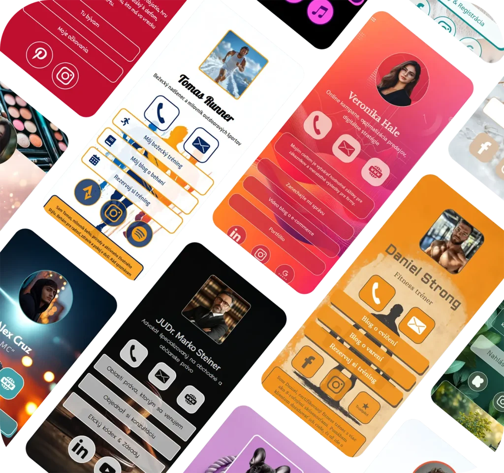 Ukážka rôznych šablón digitálnych profilov Fulpio s odlišnými farbami, štýlmi a profesiami – prezentácia možností personalizácie.